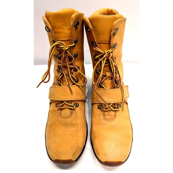 Timberland Nubuck Suede Leather Combat Boots Wedge Heel Womens 10 Tan Wheat - Picture 4 of 11